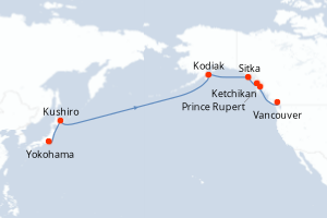 carte itinéraire croisière Alaska 15 jours au départ du port de Yokohama