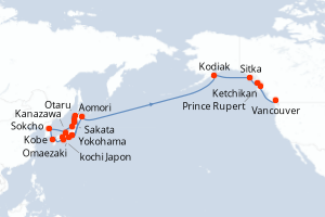 carte itinéraire croisière Alaska 29 jours au départ du port de Yokohama