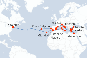 carte itinéraire croisière Amérique du Nord 45 jours au départ du port de New York
