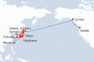 Carte de l'itinéraire de croisière Seattle-Tokyo d'une durée de 28 jours