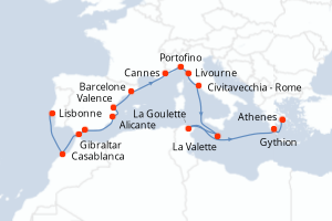 Carte de l'itinéraire de croisière Lisbonne-Le Piree - Athenes d'une durée de 17 jours