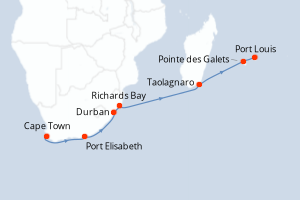 Carte de l'itinéraire de croisière Cape Town-Port Louis d'une durée de 13 jours