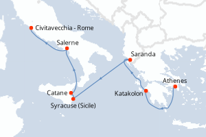 carte itinéraire croisière Sicile 7 jours au départ du port de Le Piree - Athenes