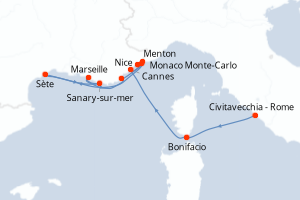 carte itinéraire croisière Méditerranée 11 jours au départ du port de Civitavecchia - Rome