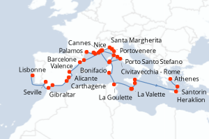 carte itinéraire croisière Sicile 41 jours au départ du port de Lisbonne