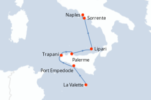 Carte de l'itinéraire de croisière La Valette-Naples d'une durée de 7 jours