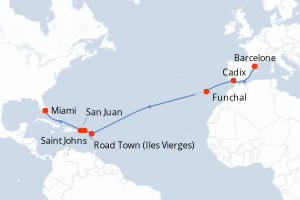 carte itinéraire croisière Transatlantique 16 jours au départ du port de Barcelone