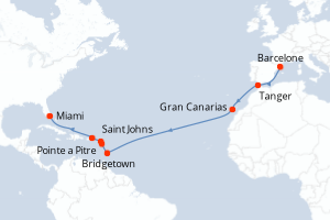 carte itinéraire croisière Transatlantique 17 jours au départ du port de Barcelone