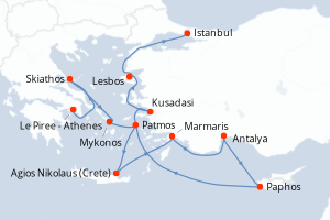 carte itinéraire croisière Méditerranée 12 jours au départ du port de Le Piree - Athenes
