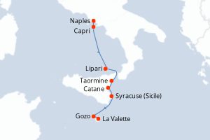 Carte de l'itinéraire de croisière Naples-La Valette d'une durée de 7 jours
