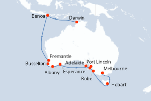 carte itinéraire croisière Australie Nouvelle Zélande 25 jours au départ du port de Darwin