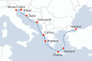 Carte de l'itinéraire de croisière Venise Fusina-Istanbul d'une durée de 11 jours
