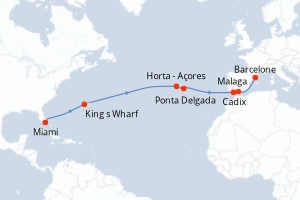 carte itinéraire croisière Transatlantique 16 jours au départ du port de Miami
