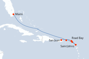 Carte de l'itinéraire de croisière San Juan-Miami d'une durée de 7 jours