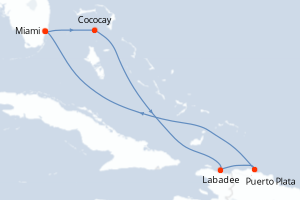 carte itinéraire croisière Caraïbes Bahamas 6 jours au départ du port de Miami