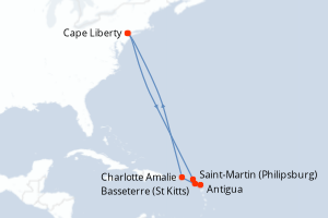 carte itinéraire croisière Amérique du Nord 11 jours au départ du port de Cape Liberty