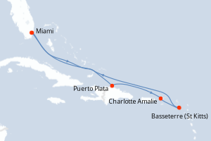 Carte de l'itinéraire de croisière Miami-Miami d'une durée de 7 jours