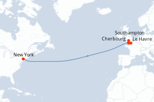carte itinéraire croisière Transatlantique 9 jours au départ du port de Le Havre