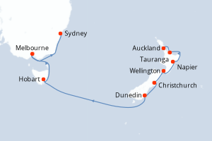Carte itinéraire croisière Nouvelle-Zélande, Australie - 14 jours au départ de Auckland - Australie Nouvelle Zélande
