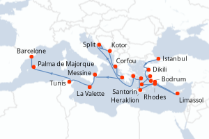 carte itinéraire croisière Sicile 22 jours au départ du port de Istanbul