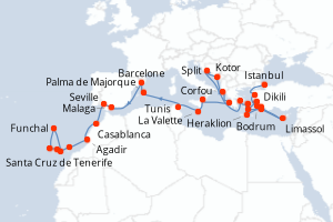 carte itinéraire croisière Iles Canaries 32 jours au départ du port de Istanbul