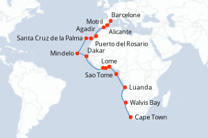 carte itinéraire croisière Méditerranée 26 jours au départ du port de Cape Town