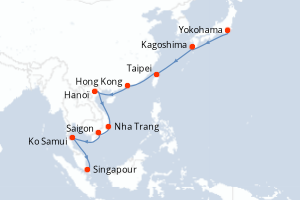 carte itinéraire croisière Asie 16 jours au départ du port de Yokohama