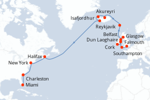 carte itinéraire croisière Transatlantique 22 jours au départ du port de Southampton