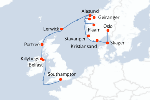 carte itinéraire croisière Fjörds norvégiens 14 jours au départ du port de Southampton