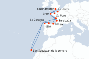 carte itinéraire croisière Europe du Nord 12 jours au départ du port de Southampton