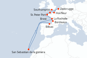 carte itinéraire croisière Méditerranée 10 jours au départ du port de Southampton