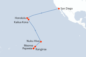 Carte de l'itinéraire de croisière San Diego-Papeete d'une durée de 16 jours