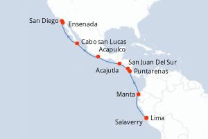 Carte de l'itinéraire de croisière Lima-San Diego d'une durée de 14 jours
