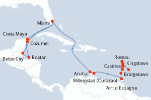 carte itinéraire croisière Caraïbes Bahamas 19 jours au départ du port de Miami