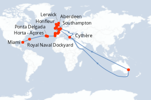 carte itinéraire croisière Transatlantique 33 jours au départ du port de Miami