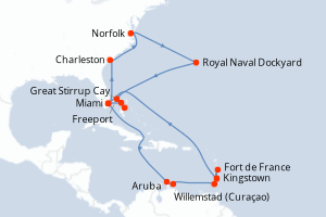 carte itinéraire croisière Caraïbes Bahamas 26 jours au départ du port de Miami