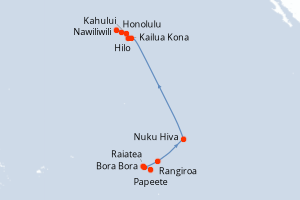 Carte de l'itinéraire de croisière Papeete-Honolulu d'une durée de 15 jours