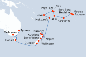 carte itinéraire croisière Australie Nouvelle Zélande 32 jours au départ du port de Papeete