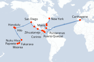 carte itinéraire croisière Amérique du Nord 37 jours au départ du port de Papeete