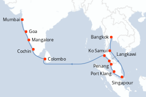 carte itinéraire croisière Mer Rouge Océan Indien 18 jours au départ du port de Bangkok