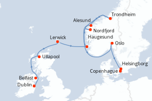 Carte de l'itinéraire de croisière Dublin-Copenhague d'une durée de 11 jours