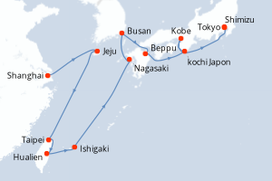 Carte de l'itinéraire de croisière Shanghai-Tokyo d'une durée de 15 jours