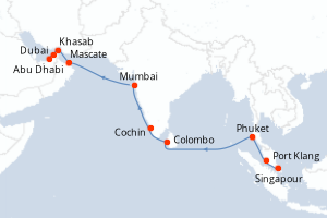 Carte de l'itinéraire de croisière Singapour-Dubai d'une durée de 16 jours
