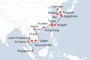 carte itinéraire croisière Asie 27 jours au départ du port de Singapour