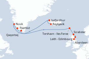 Carte de l'itinéraire de croisière Reykjavik-Leith - Edimbourg d'une durée de 14 jours