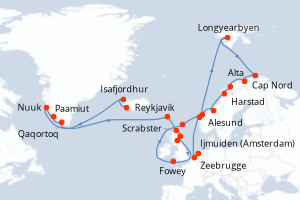 carte itinéraire croisière Fjörds norvégiens 32 jours au départ du port de Reykjavik