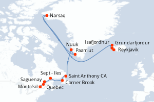 Carte de l'itinéraire de croisière Reykjavik-Montréal d'une durée de 16 jours