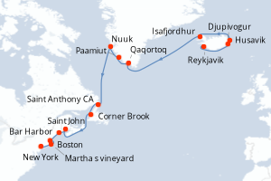 carte itinéraire croisière Amérique du Nord 19 jours au départ du port de Reykjavik