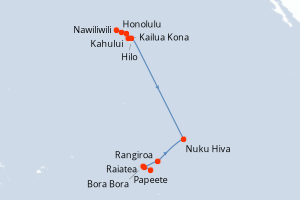 Carte de l'itinéraire de croisière Honolulu-Papeete d'une durée de 15 jours