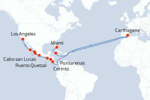 Carte de l'itinéraire de croisière Los Angeles-Miami d'une durée de 17 jours